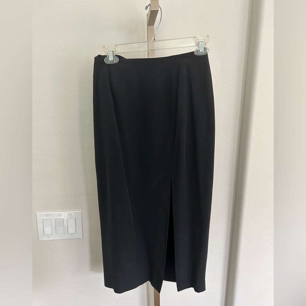 Vintage 100% Silk Black Midi Skirt Front Slit Classy Chic Size 4